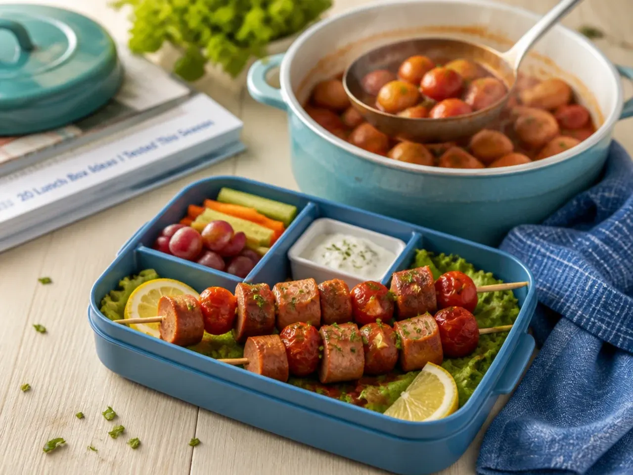 Mini sausage and tomato skewers packed in a kids lunch box