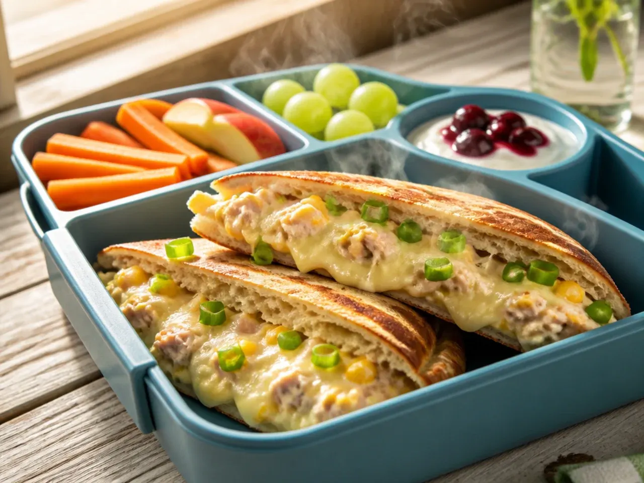 Creamy tuna and sweetcorn pitta pocket halves in a lunch box