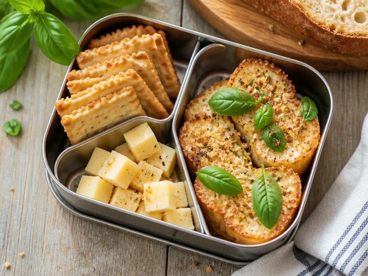 Simple cheese and cracker bento box with grapes and cucumber sticks