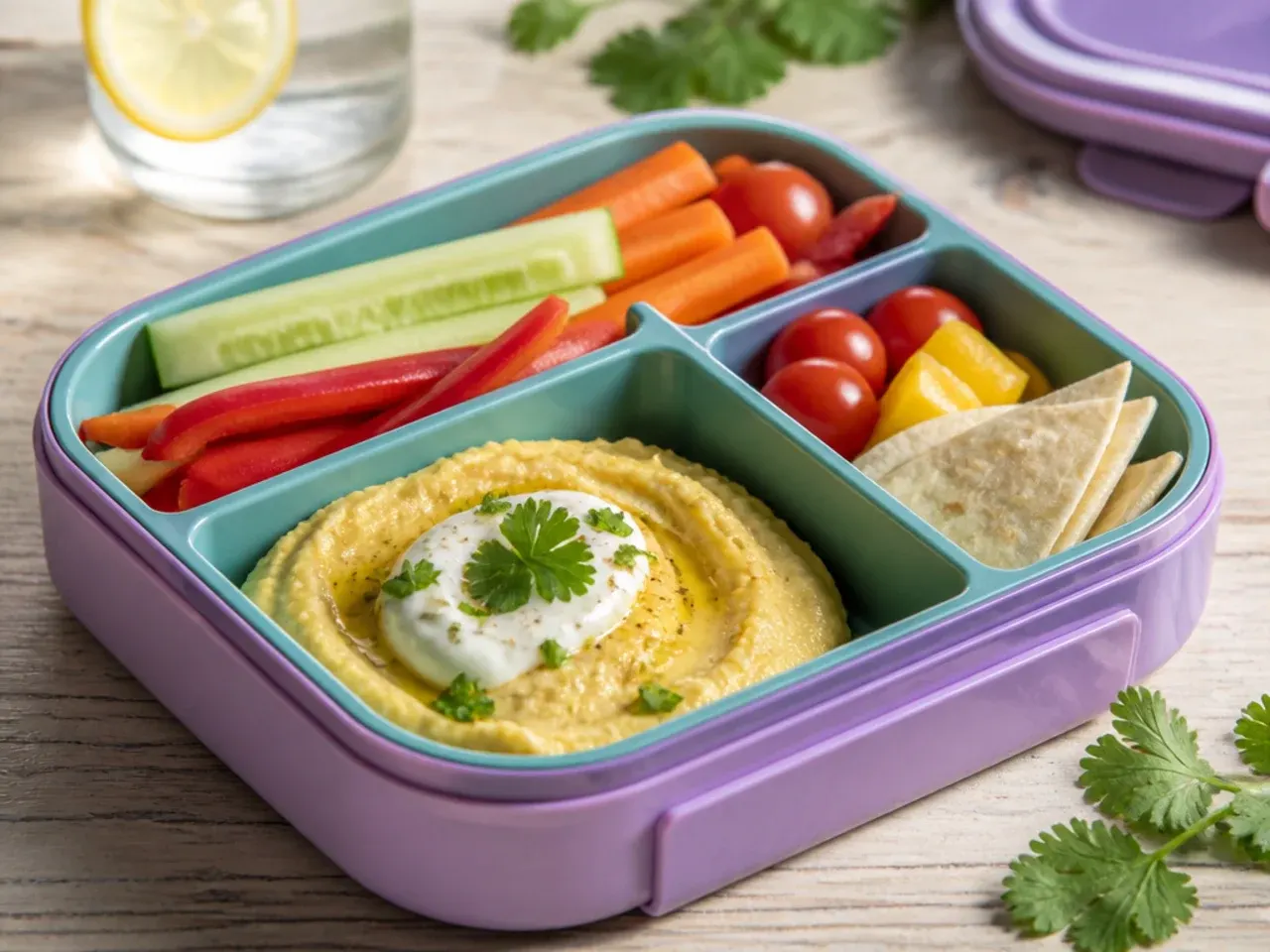 Zesty lemon hummus with carrot and cucumber dippers in a lunch box