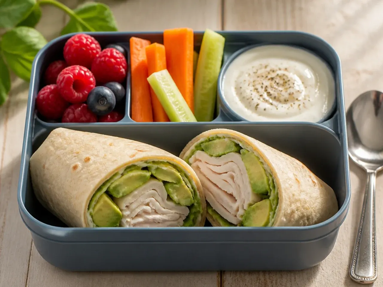 Wholesome turkey and avocado wrap sliced in half in a lunch box