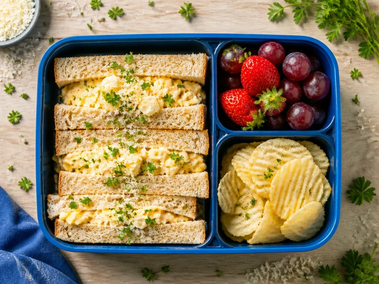 Budget-friendly egg mayo sandwich cut into triangles for a lunch box