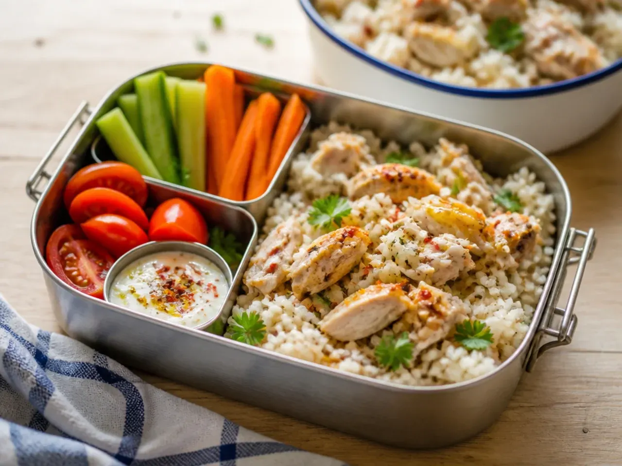 Weeknight leftover roast chicken and rice box with peas
