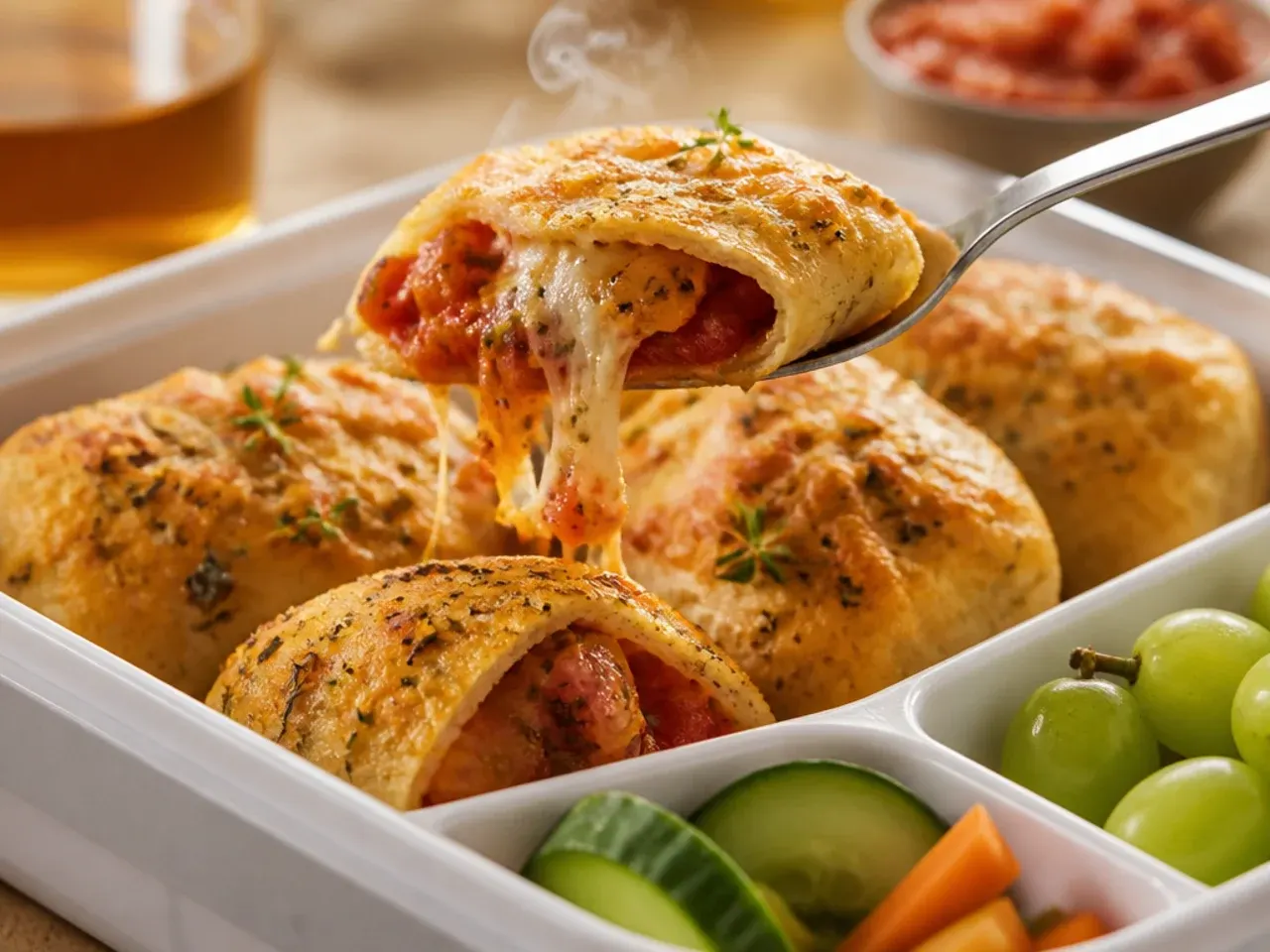 Rustic homemade pizza pockets golden and baked for a kids lunch box