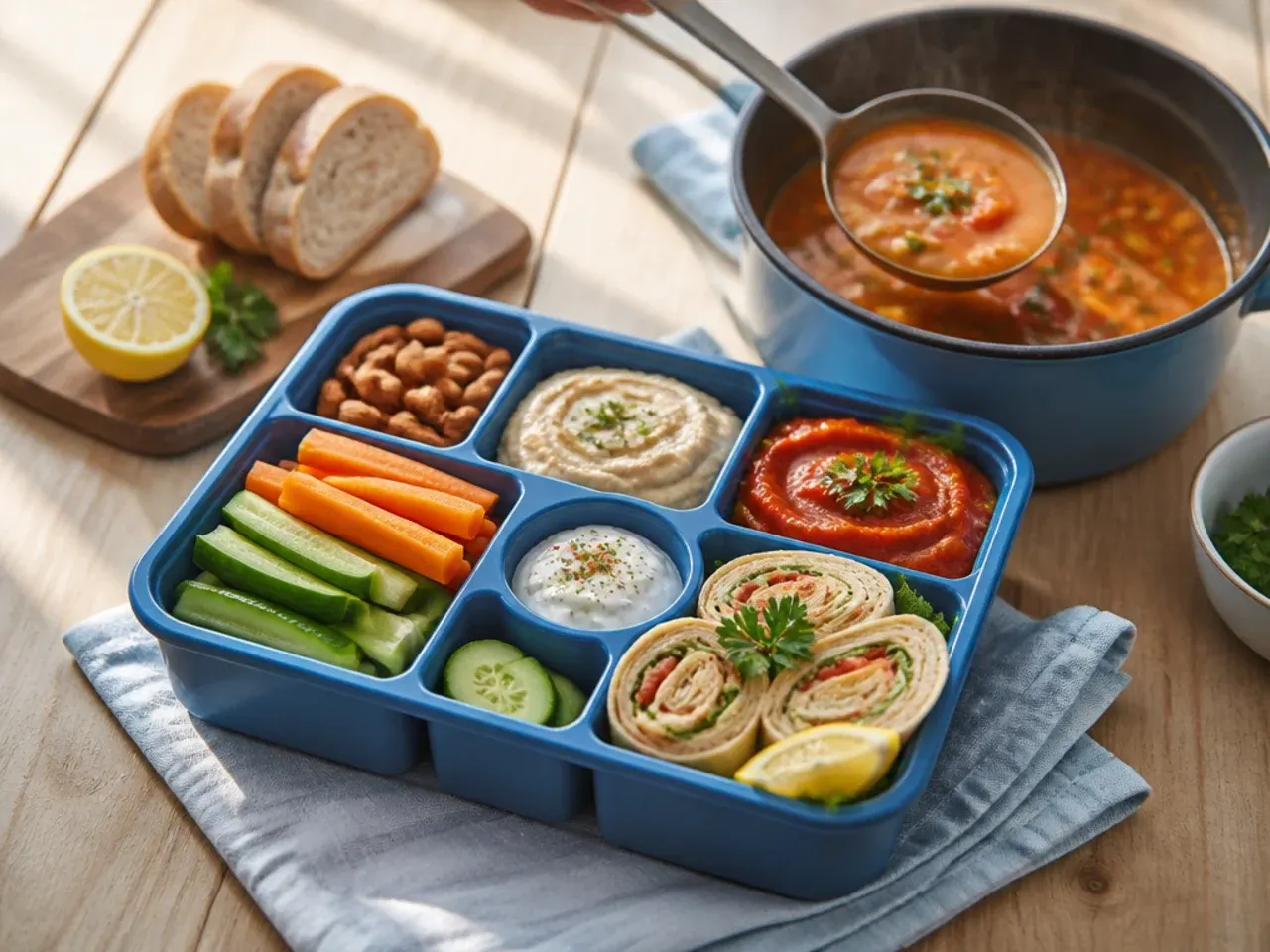 Loaded bento box with cheese, breadsticks and dipping pots