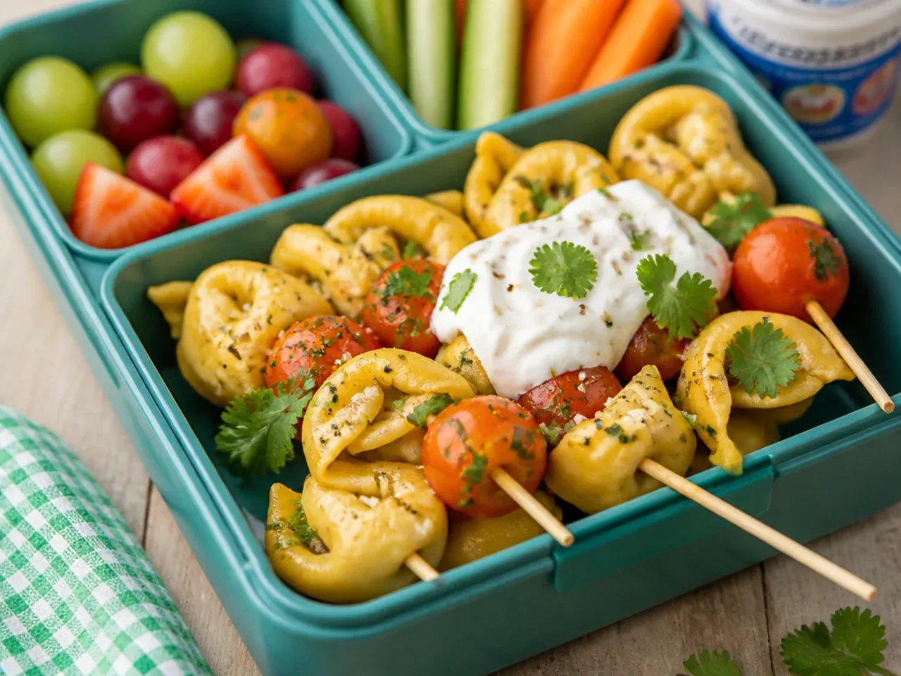 Quick tortellini skewers with cherry tomatoes and mozzarella