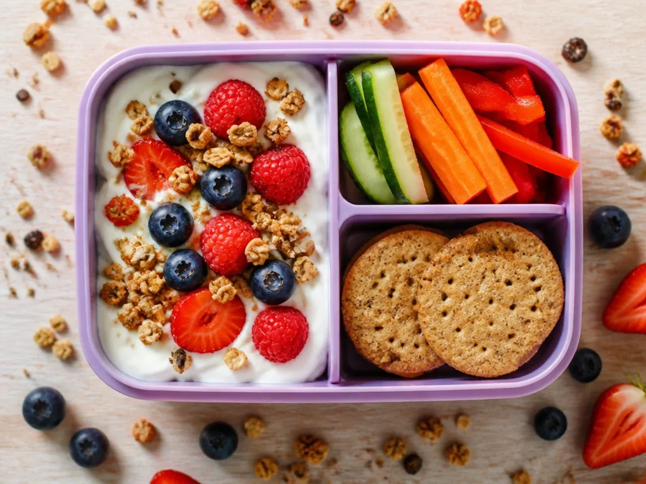 Easy yoghurt, granola and berry pot for a kids lunch box