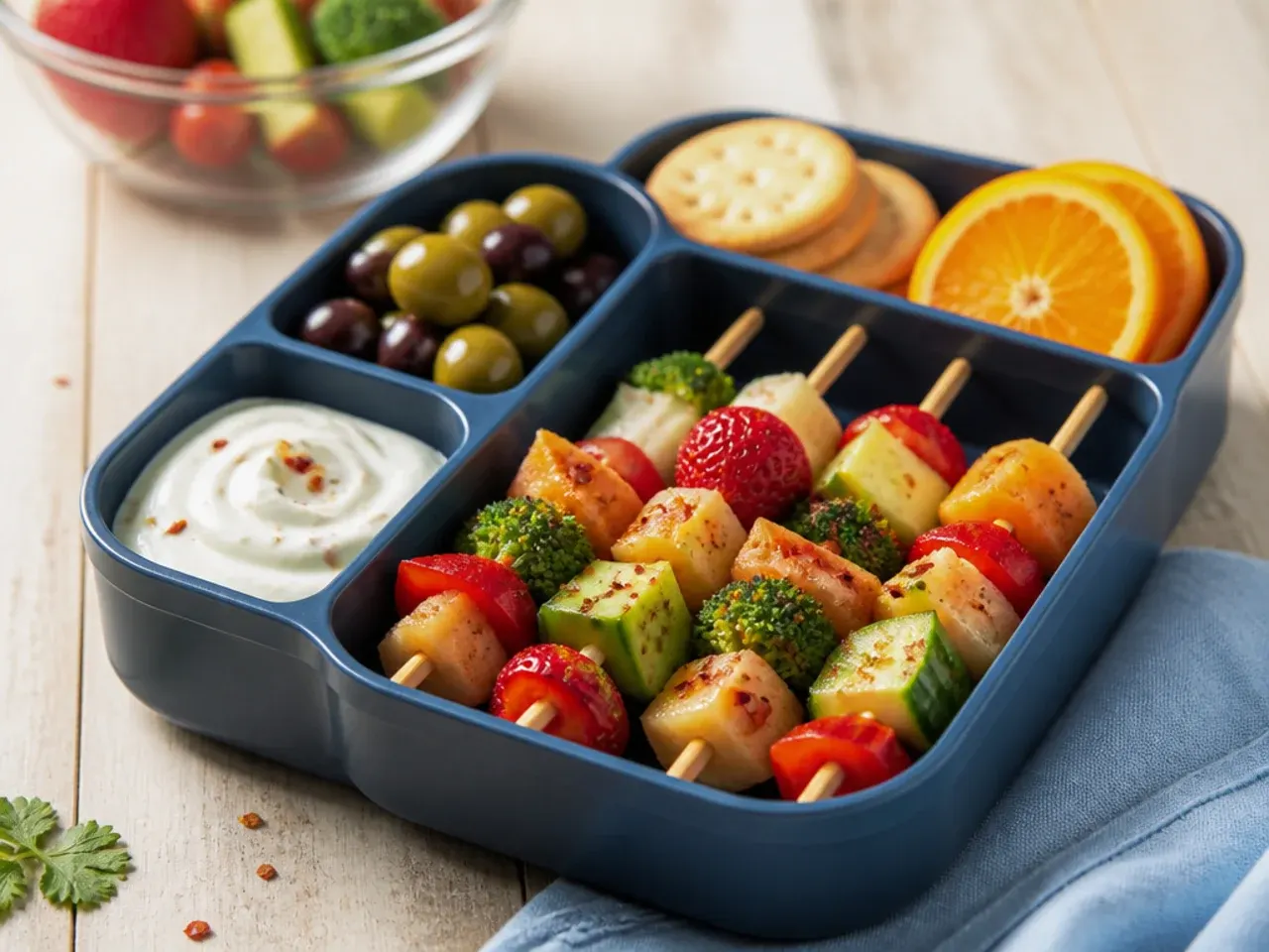 Fresh fruit and veggie skewers with melon, grapes and cucumber