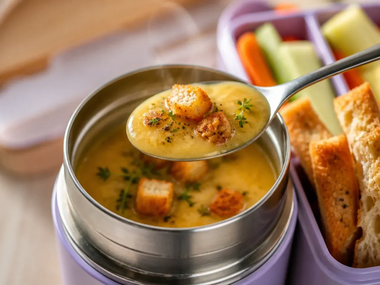 Cozy thermos of soup with breadsticks for a kids lunch box