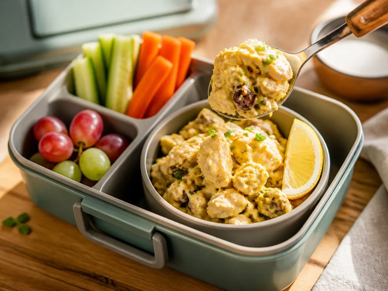 Creamy coronation chicken pot served with breadsticks