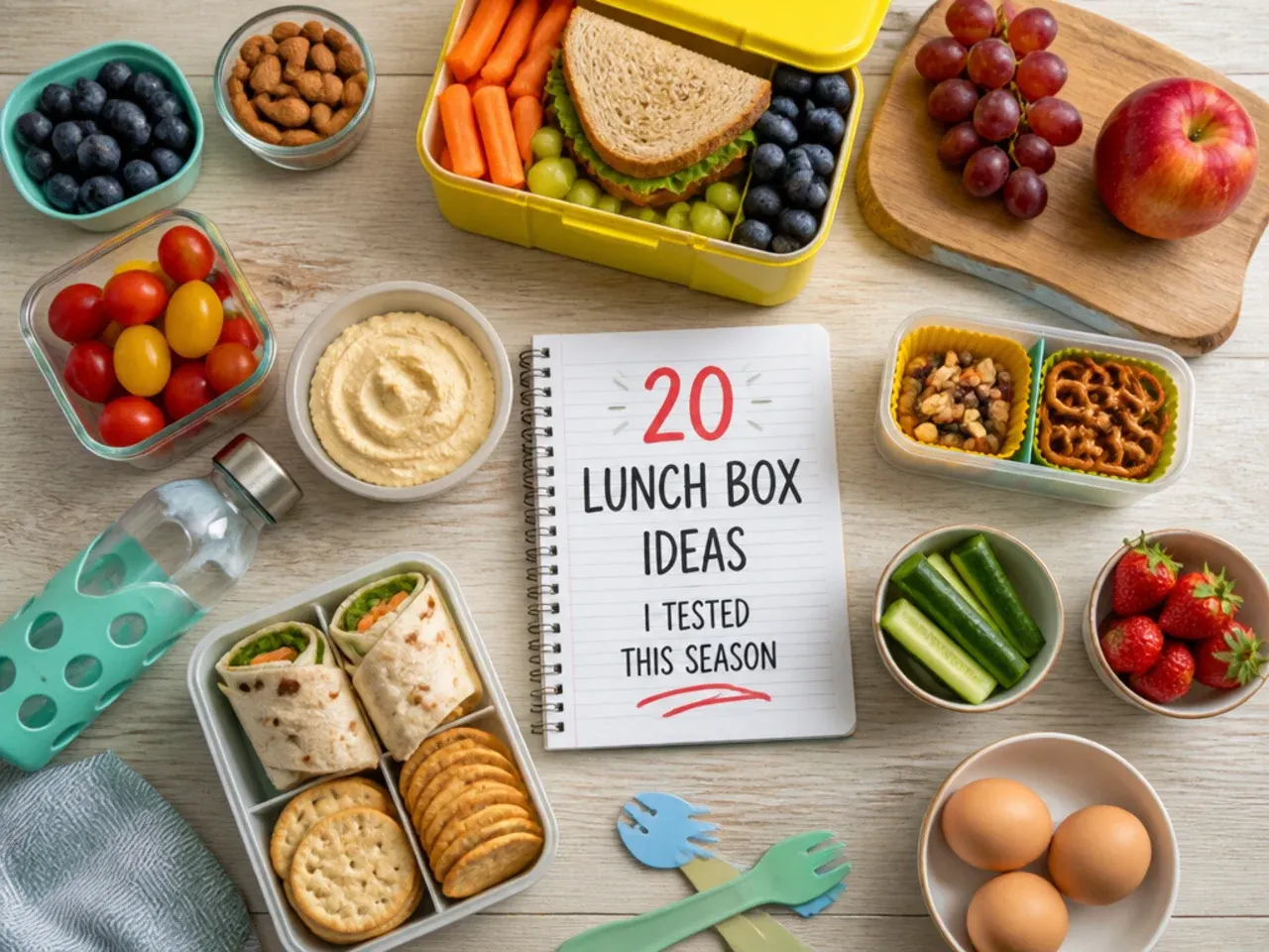 Lunch box prep station with small dipping pots and pre-cut ingredients