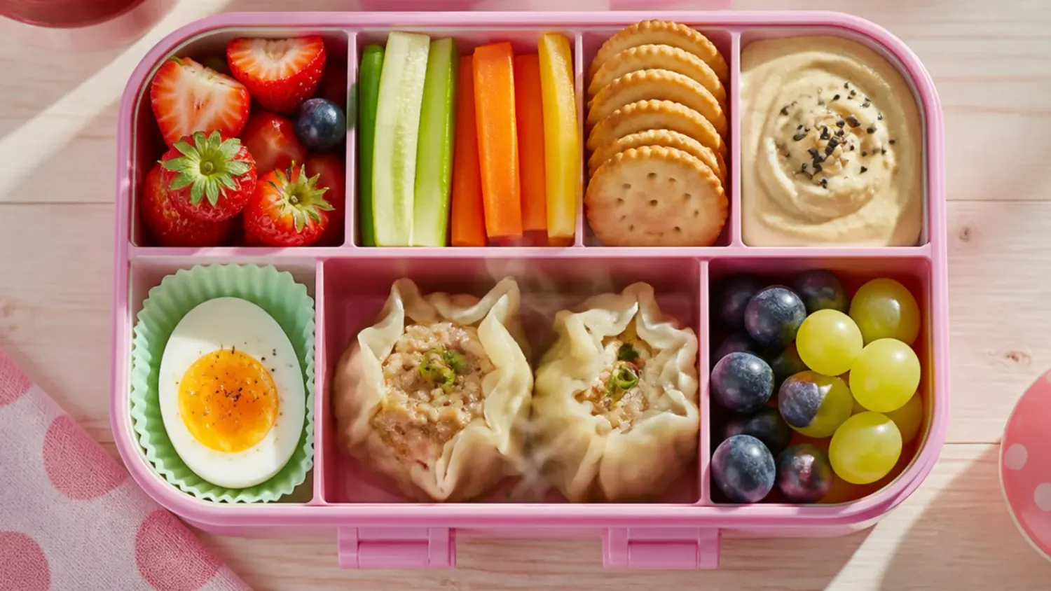 Overhead view of a compartmented kids' lunch box filled with turkey pinwheels, carrot and cucumber sticks, hummus, cherry tomatoes, apple slices and grapes