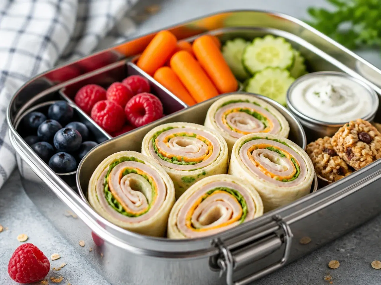 Bright flat-lay of five different kids' lunch boxes side by side showing sandwiches, fruit, vegetables and dips