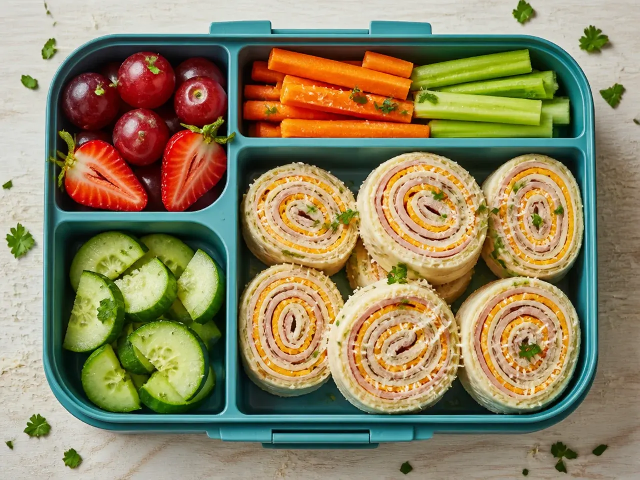 Sliced turkey and cheddar tortilla pinwheels arranged in a lunch box compartment