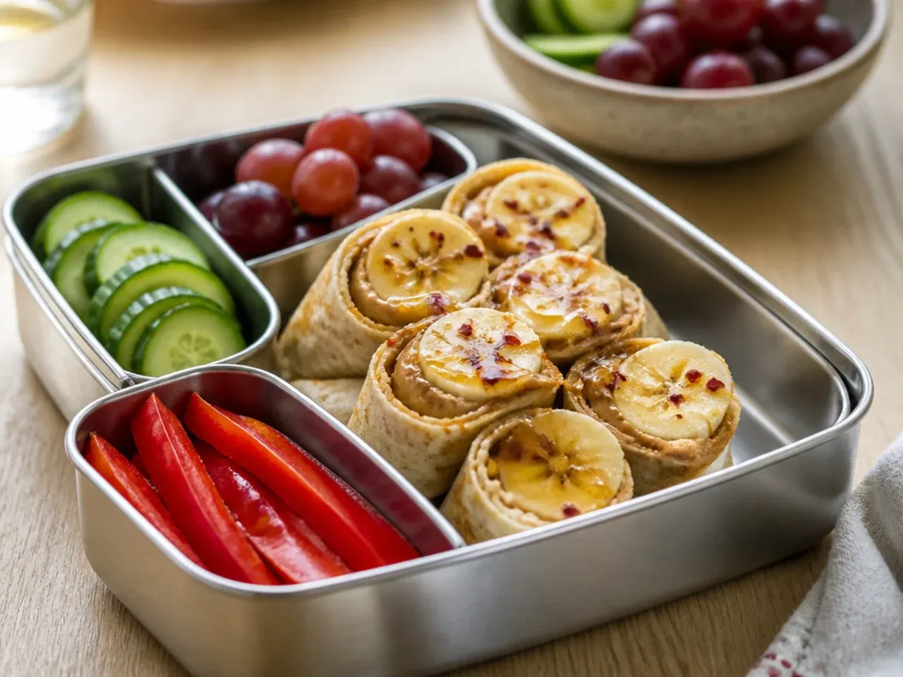 Peanut butter banana roll-up slices arranged in a small lunch box container