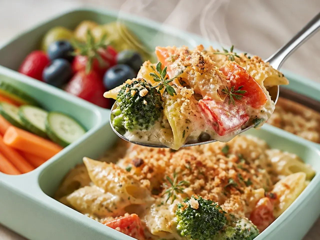 Colourful raw vegetable sticks arranged around a small pot of ranch dip in a bento box