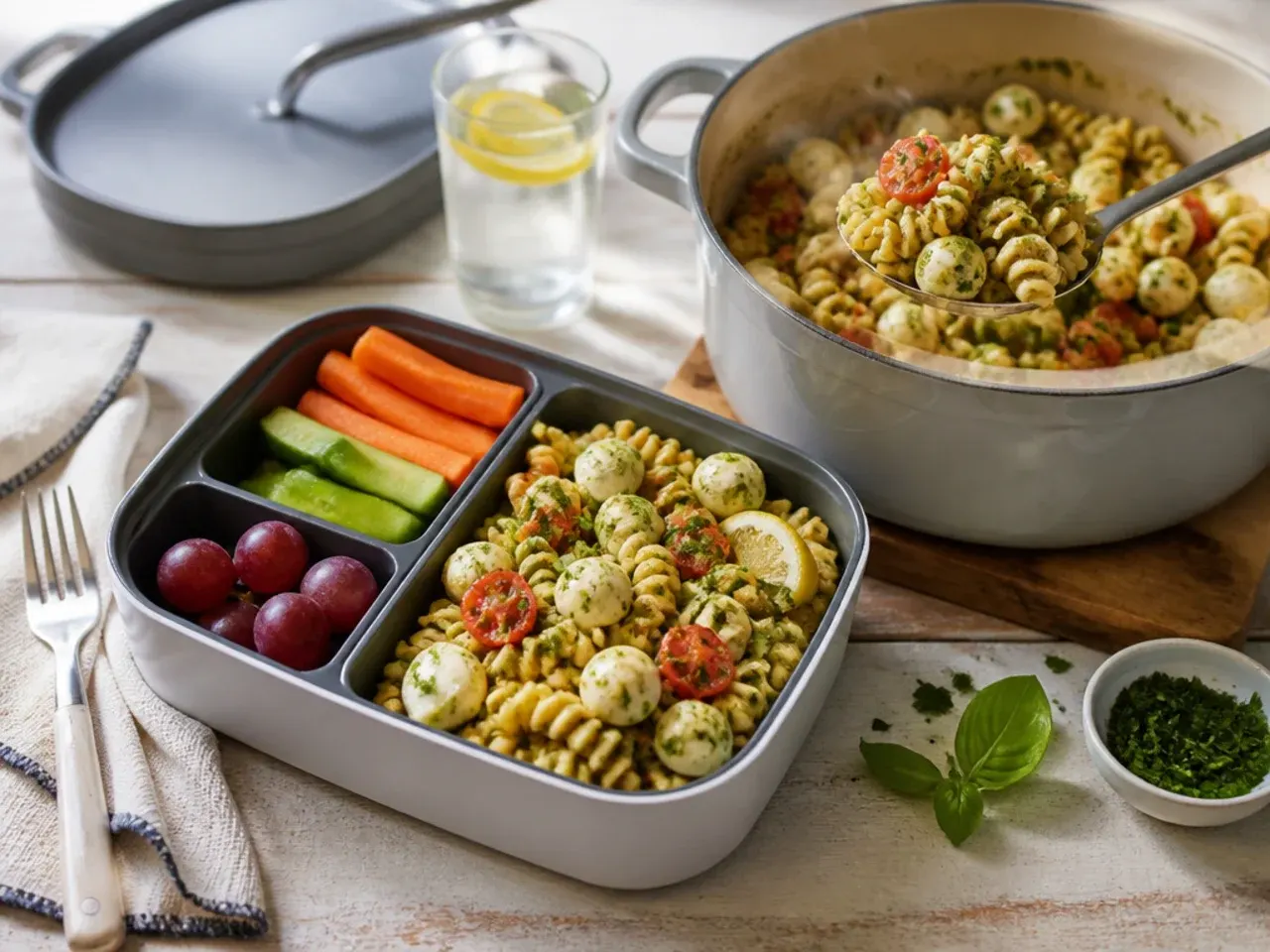 Warm fusilli pasta salad with mozzarella pearls and cherry tomatoes in an insulated food jar