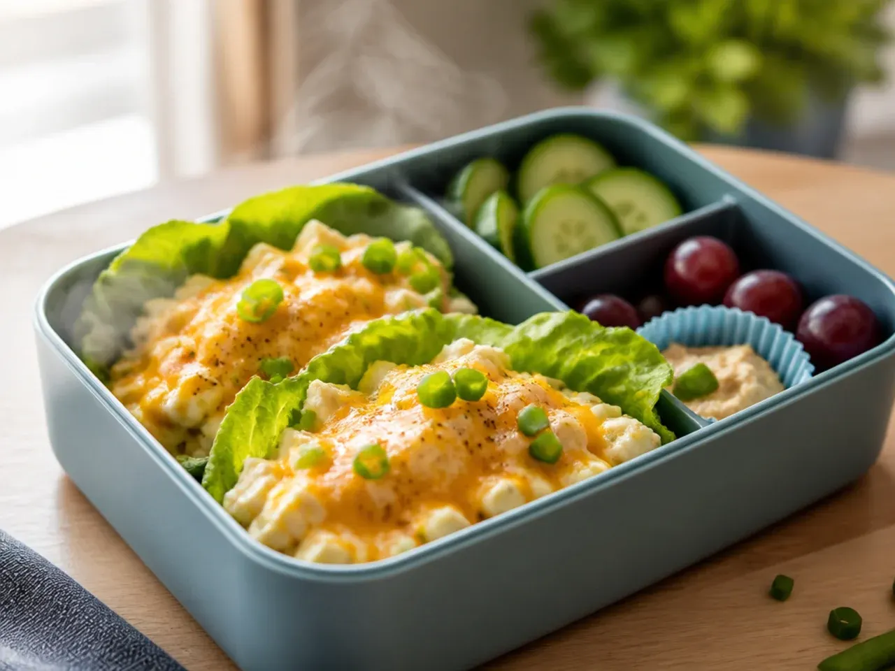 Egg salad spooned into little gem lettuce cups in a lunch box compartment