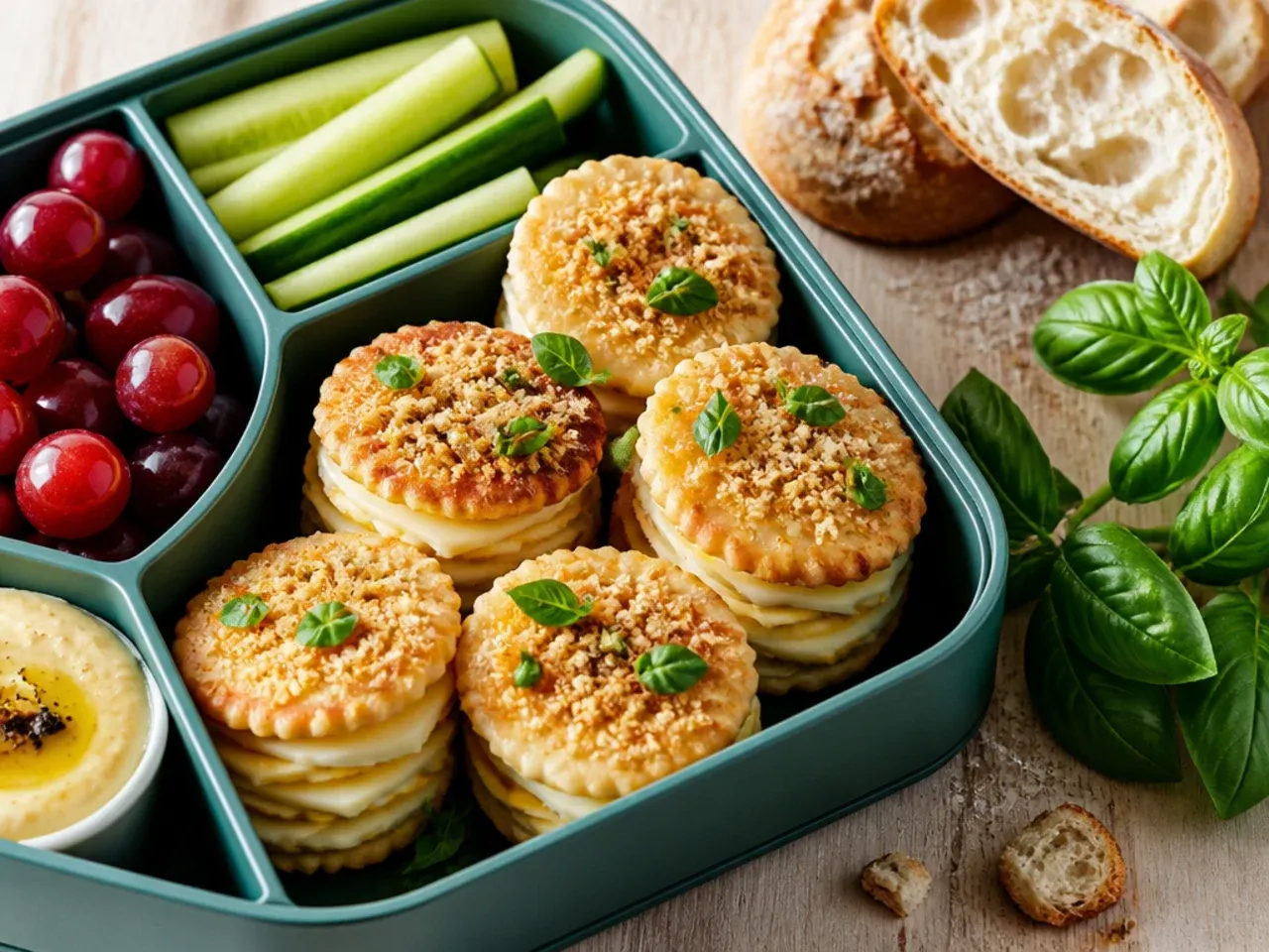Stacked wholegrain crackers, cheddar and apple slices in a lunch box tray