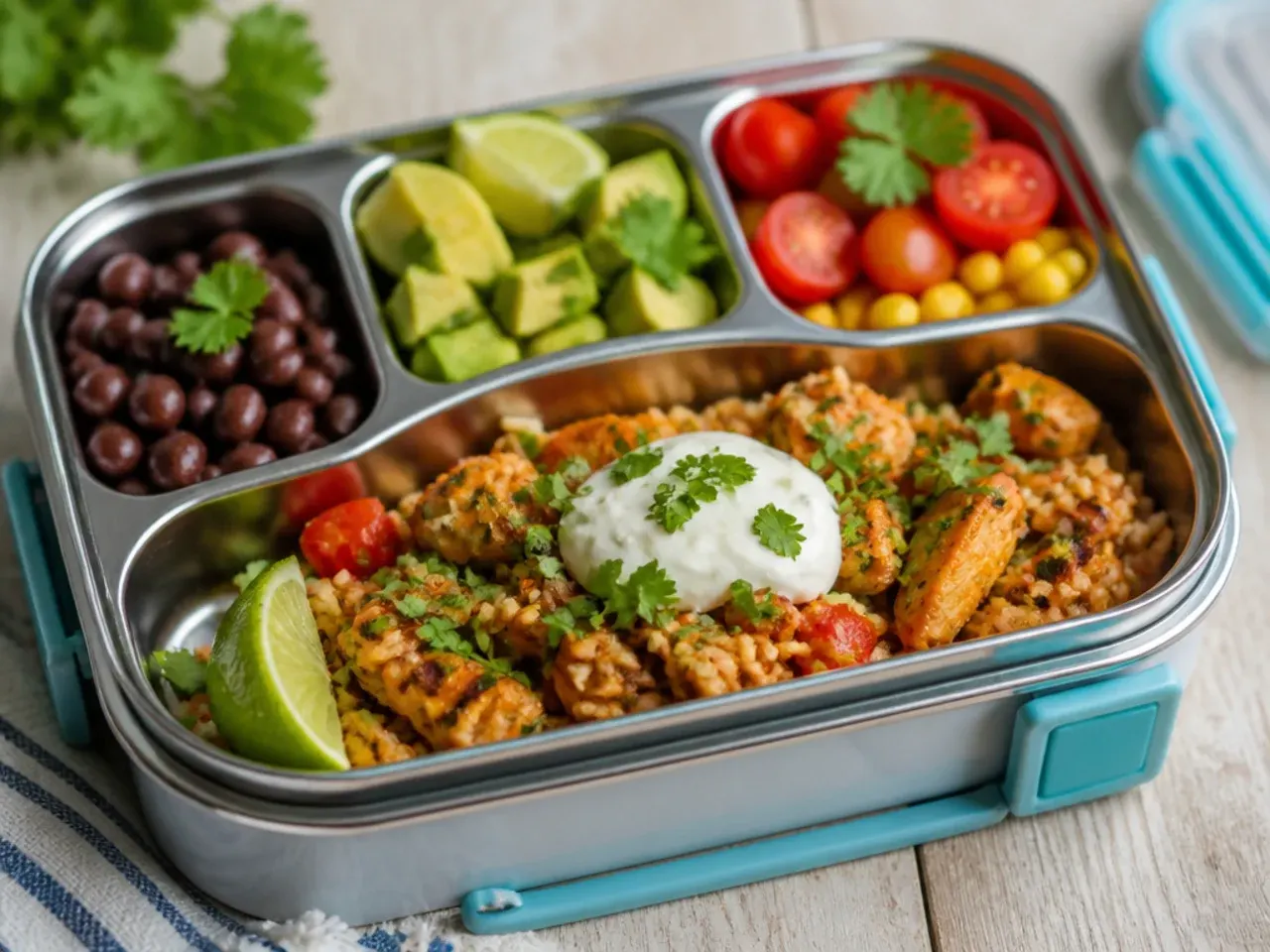 Chicken taco rice bowl with black beans, sweetcorn and a small pot of lime crema