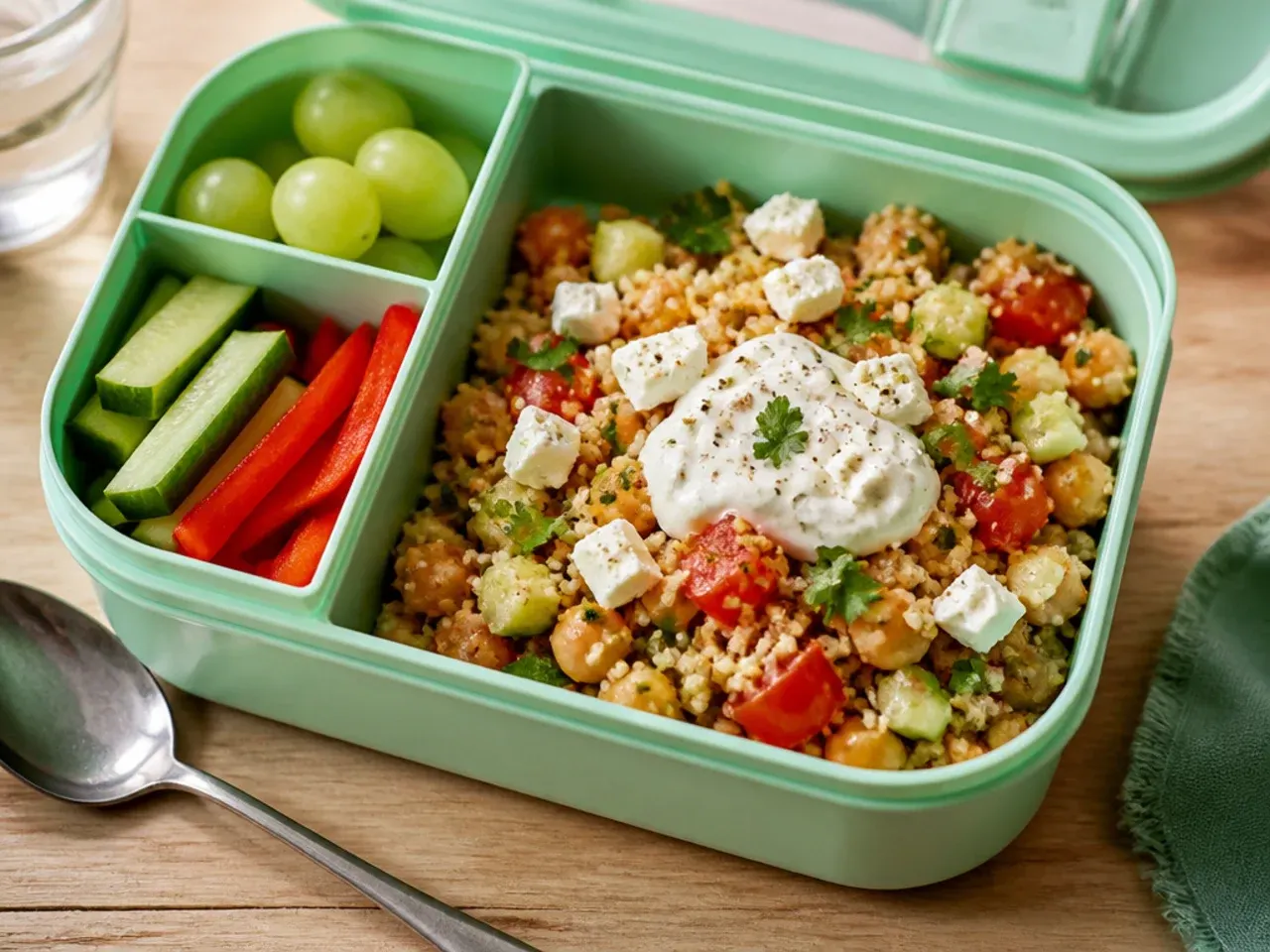 Quinoa, chickpea and feta salad in a round lunch box container