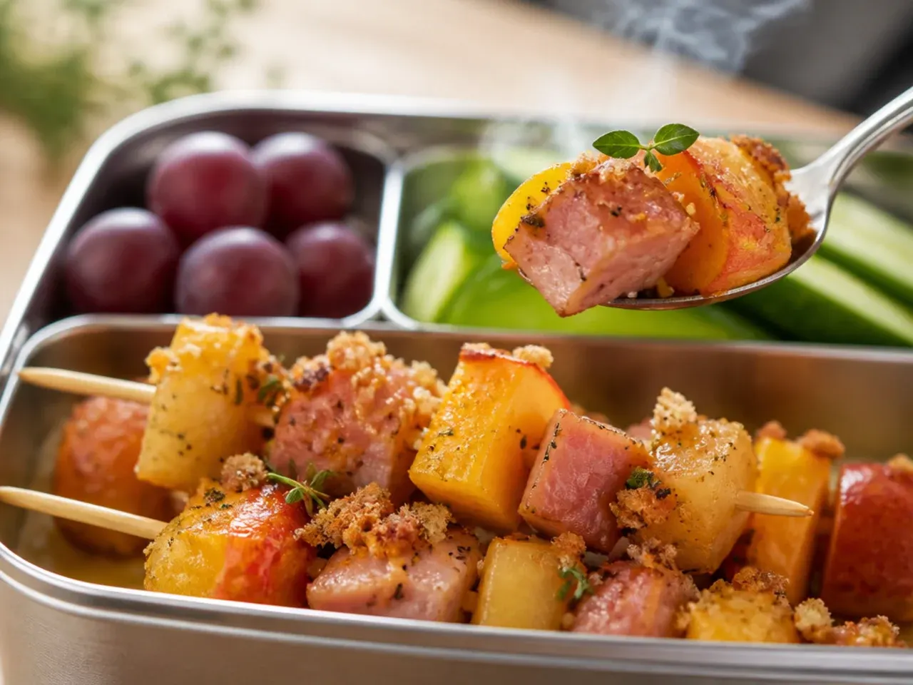 Ham, cheddar and apple cubes threaded onto short skewers in a lunch box