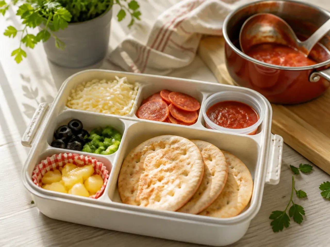 Build-your-own mini pizza kit with flatbread, sauce, cheese and pepperoni in separate pots
