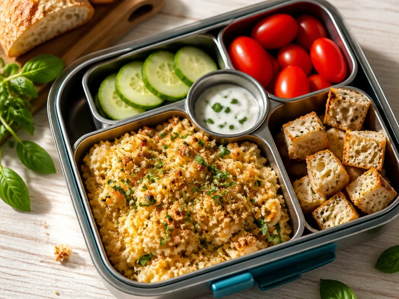 High-protein bento box with turkey and cheese rolls, roasted chickpeas and ranch dip