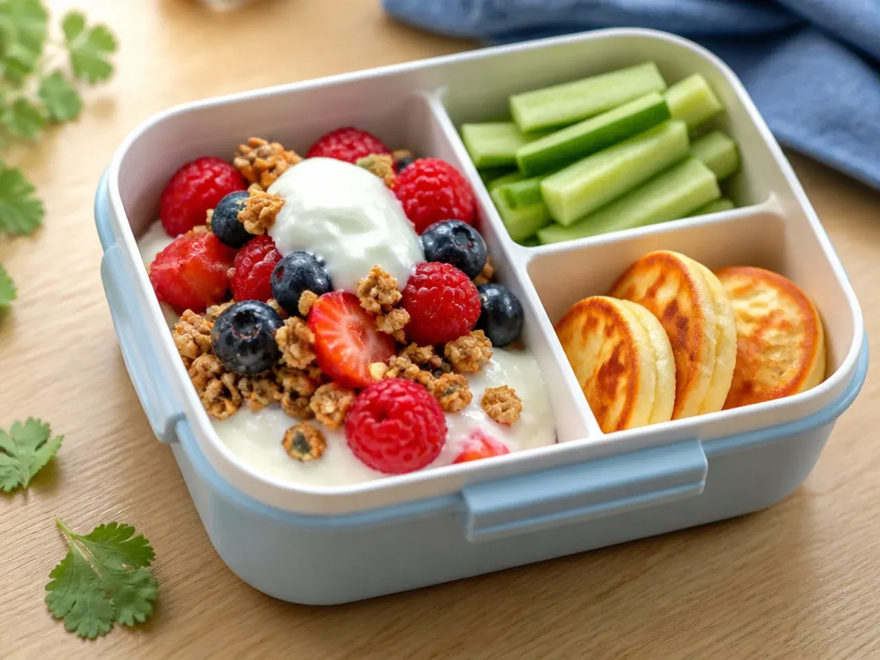Layered yogurt, granola and mixed berry parfait in a small leakproof jar