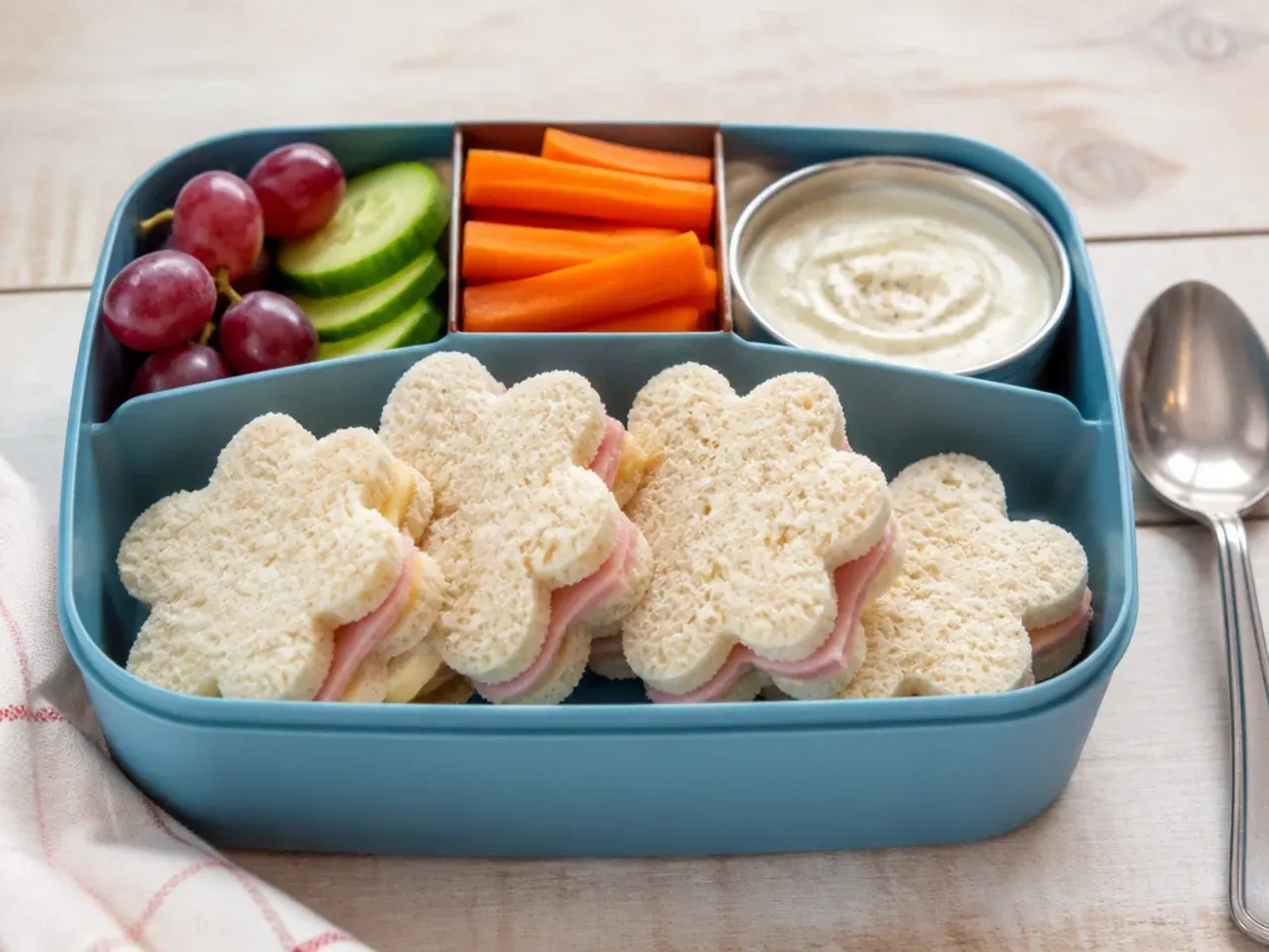 Star and heart shaped ham and Swiss sandwich cutouts in a lunch box