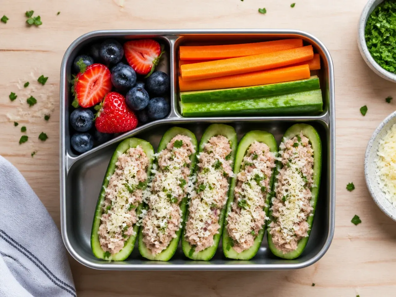 Tuna salad spooned into hollowed cucumber boat halves