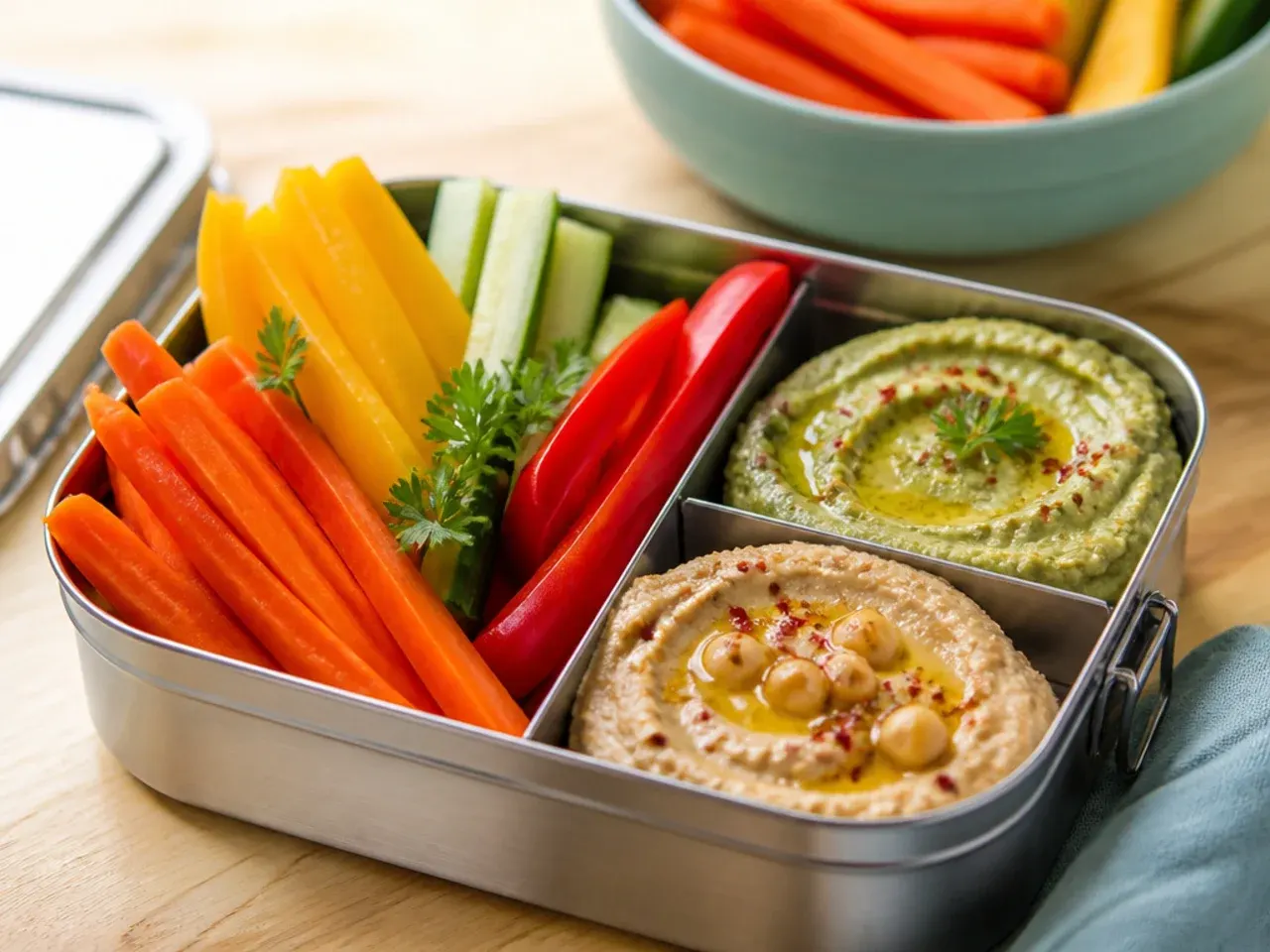 Rainbow vegetable sticks arranged around two small pots of hummus