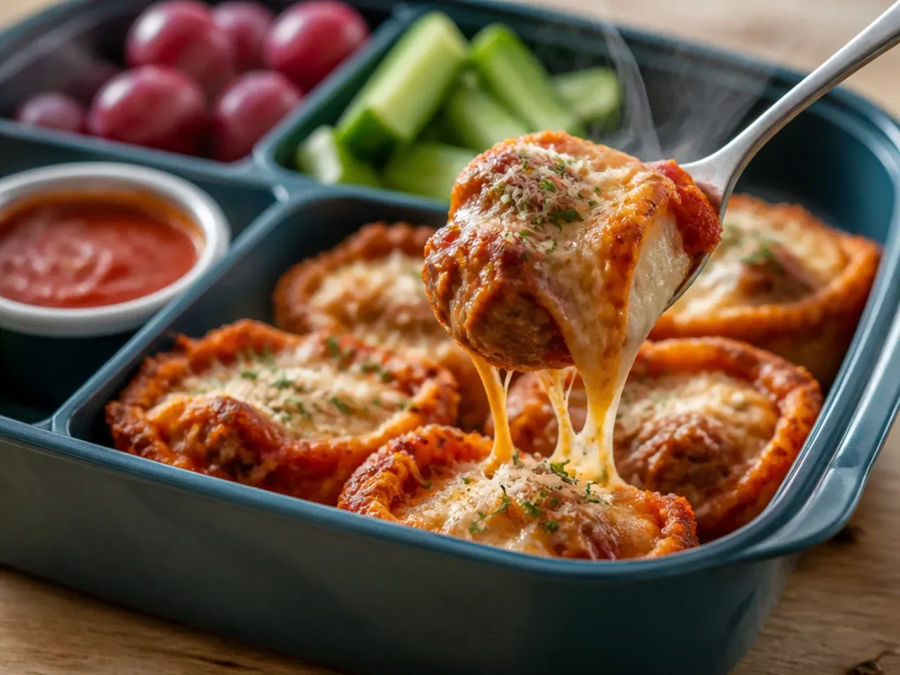 Mini meatball sub in a wholemeal roll wrapped in foil inside a lunch box