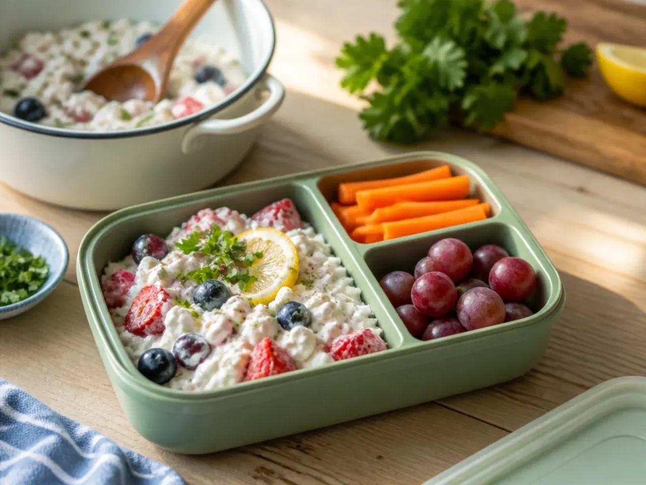Cottage cheese topped with pineapple, mandarin segments and grapes in a small bowl
