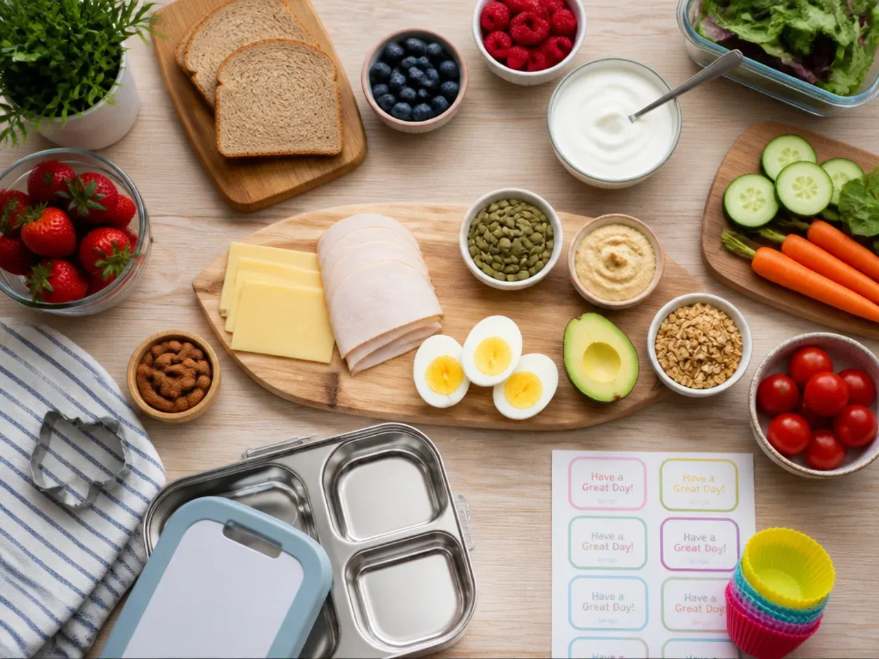 Meal-prepped containers of chicken, boiled eggs, cut vegetables and cooked grains lined up in the fridge