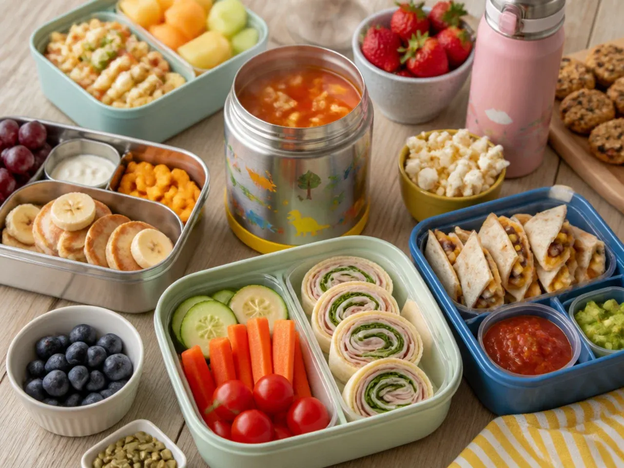 Packed lunch box with a frozen water bottle tucked alongside sandwiches and fruit