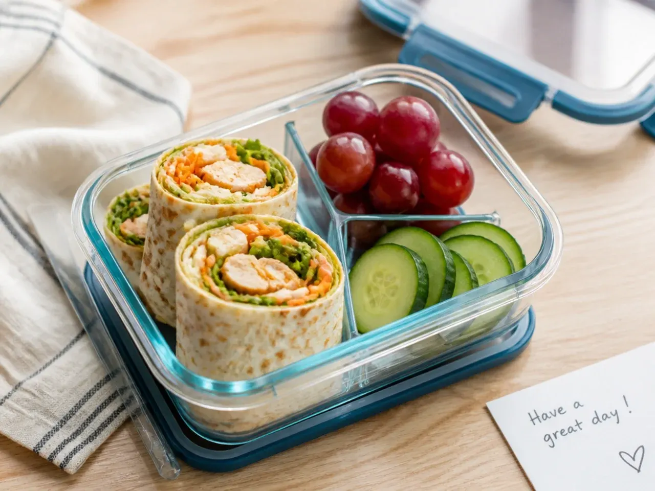Airtight containers of cooked pasta, rice and shredded chicken stacked in the fridge
