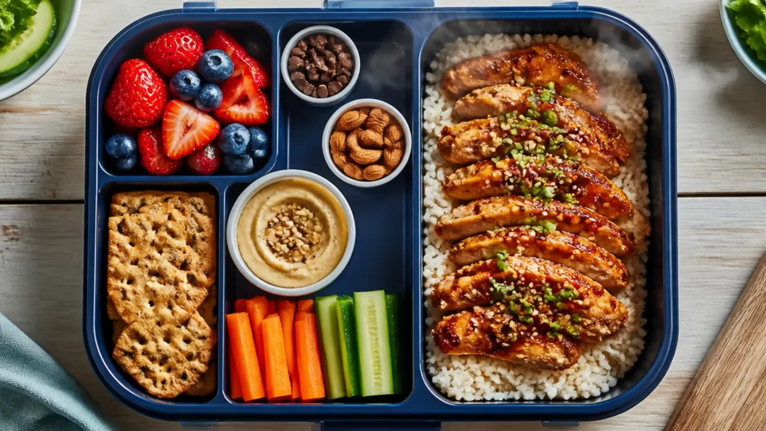 Overhead shot of a loaded turkey and cheddar pasta salad lunch box surrounded by smaller lunch box ideas for teens, including wraps, a bento box and a fruit yoghurt jar