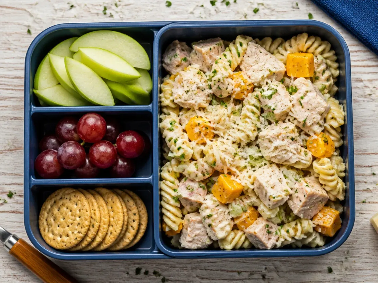 Close-up of turkey and cheddar pasta salad in an open lunch box