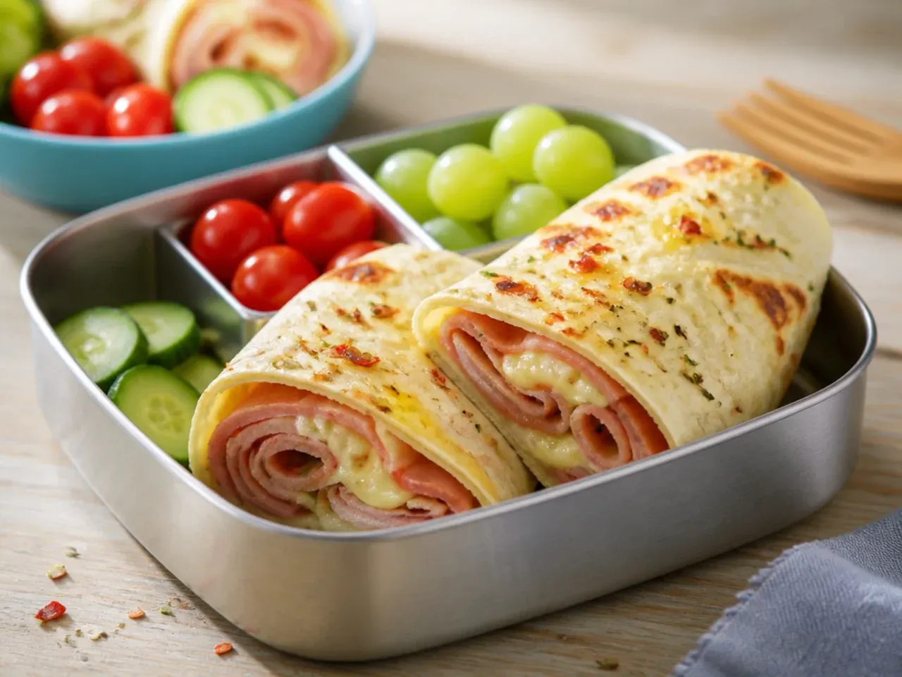 Ham and cheese tortilla wrap sliced in half and wrapped in parchment paper
