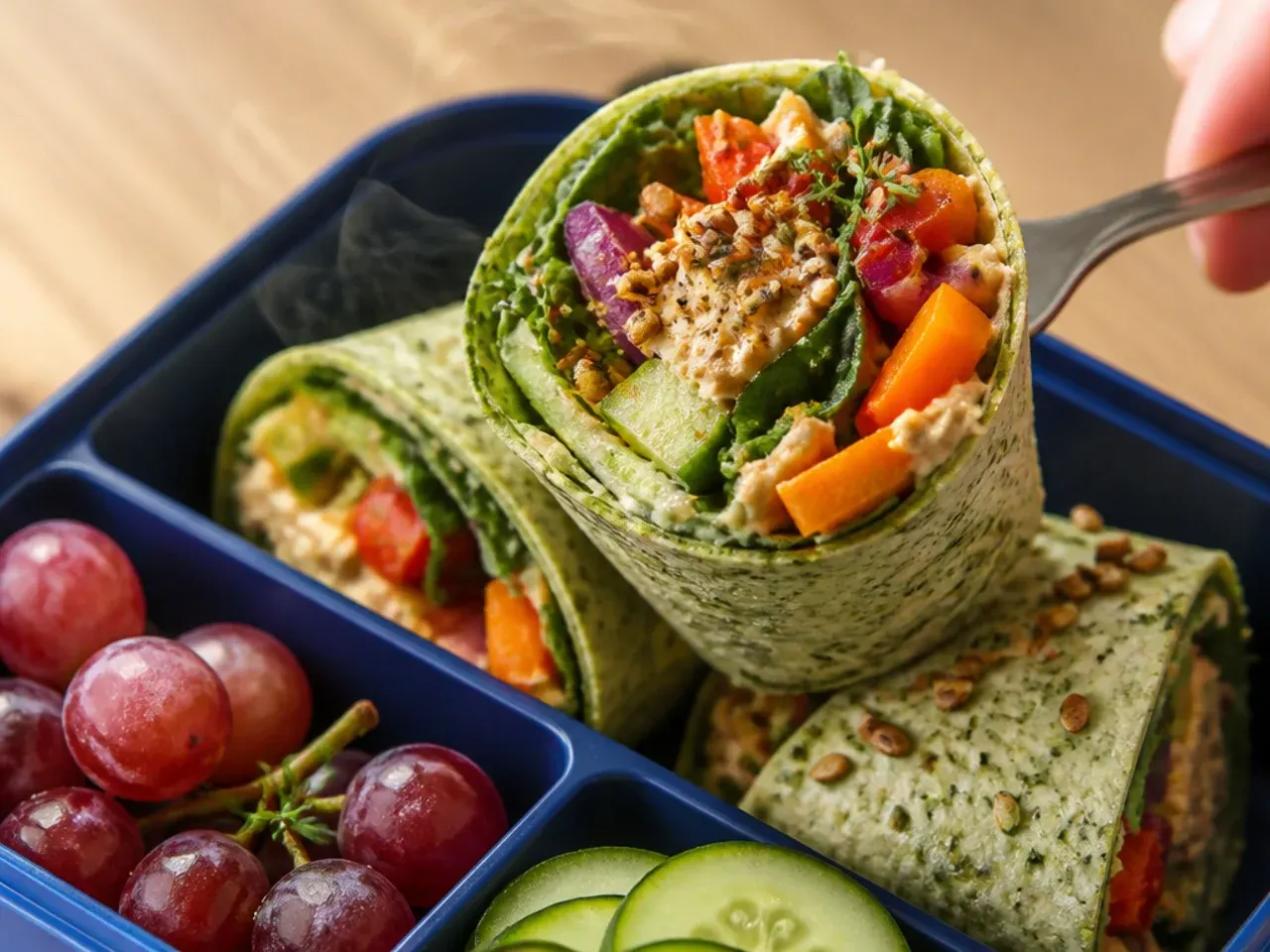 Colourful vegetable and hummus wrap sliced open showing carrot, cucumber and spinach layers