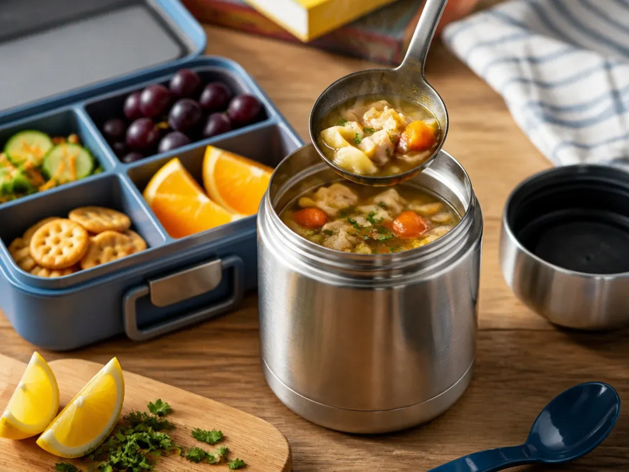 Steaming chicken noodle soup being poured into a wide-mouth thermos flask