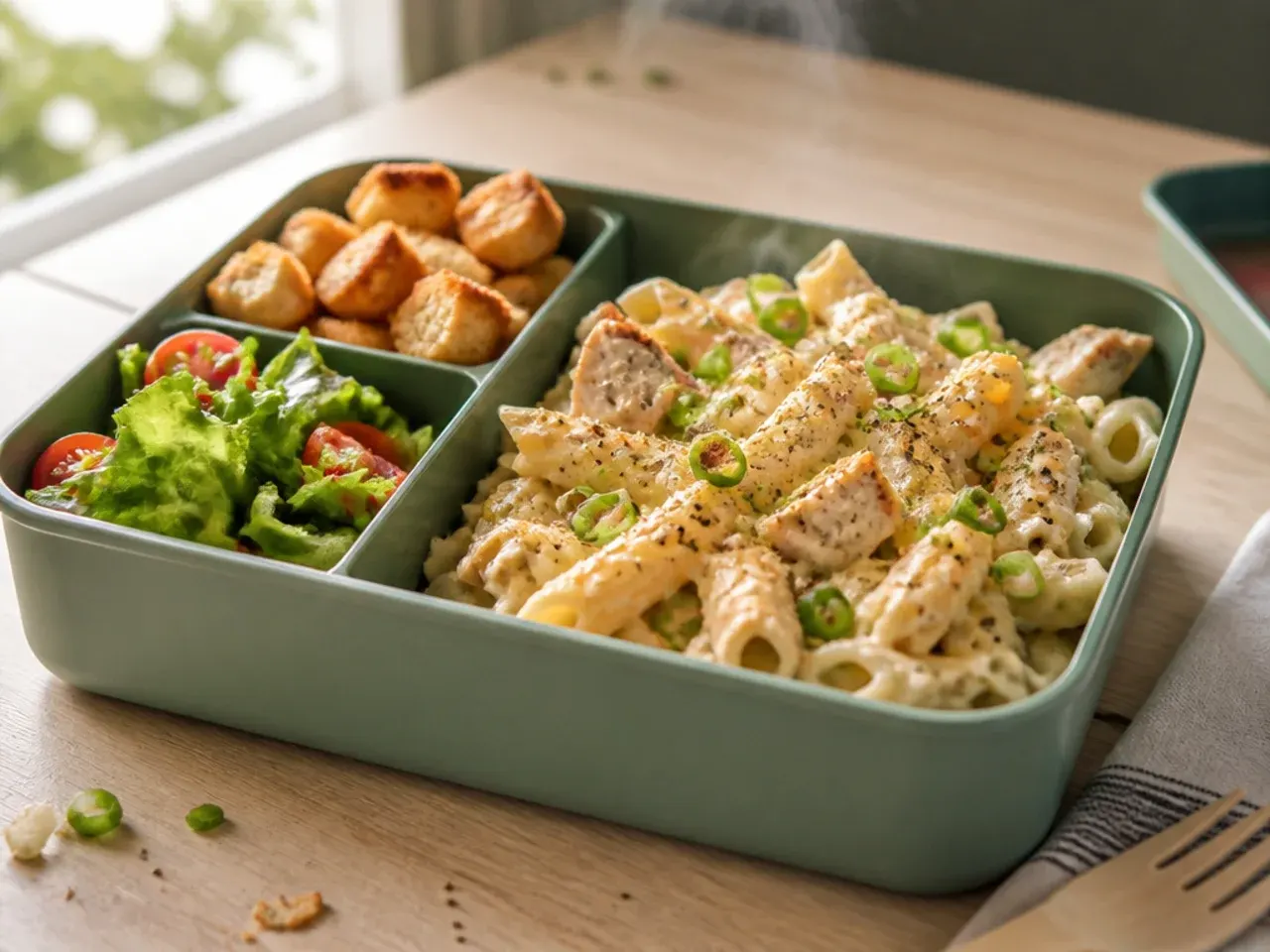 Creamy Caesar pasta salad with shaved parmesan in a rectangular lunch container