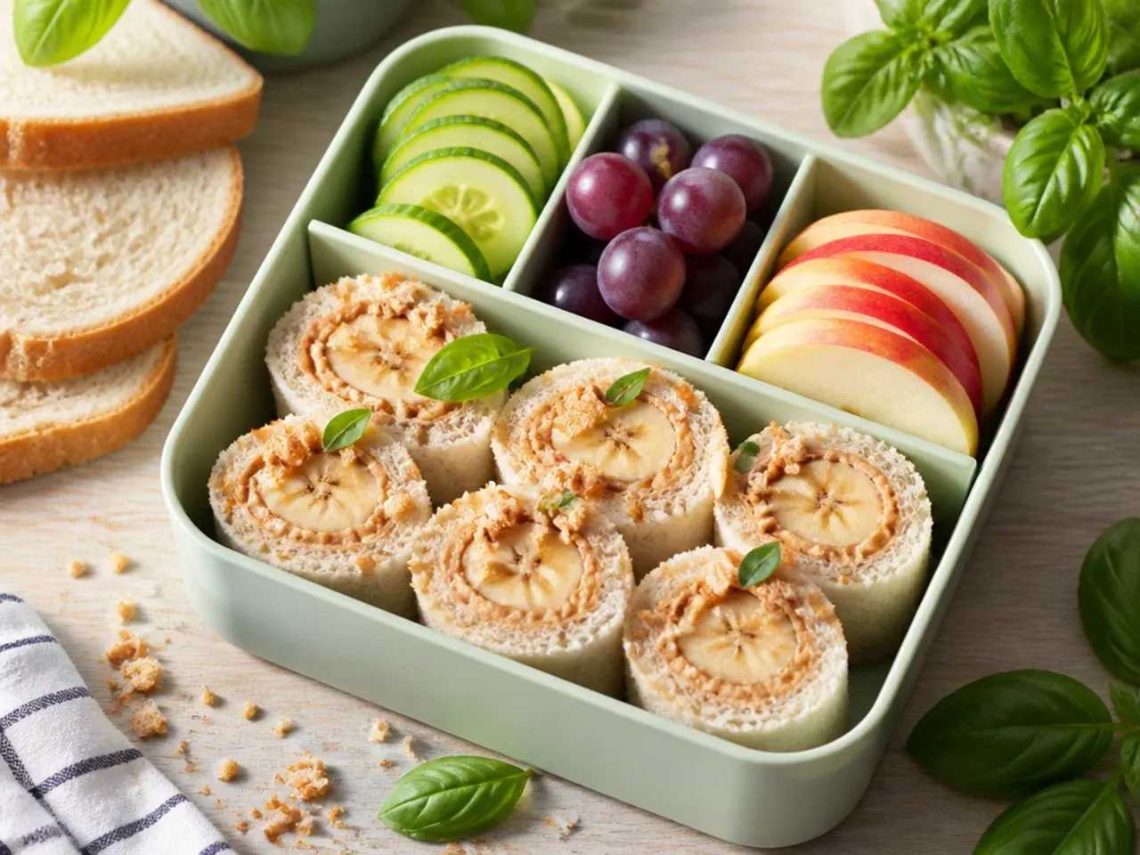 Peanut butter and banana sandwich sushi pinwheels arranged on a small plate