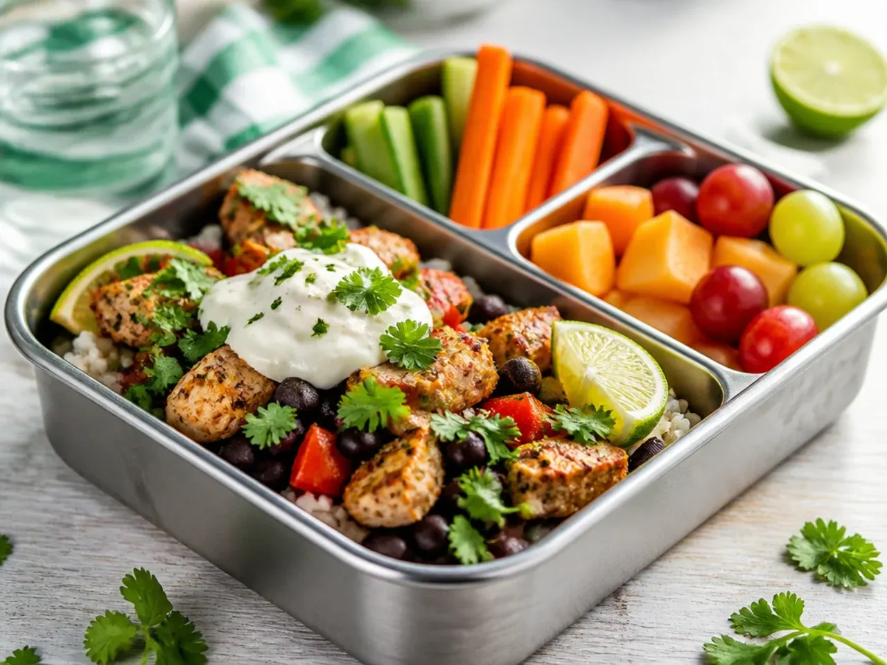 Zesty lime chicken and black bean rice bowl with diced avocado on top
