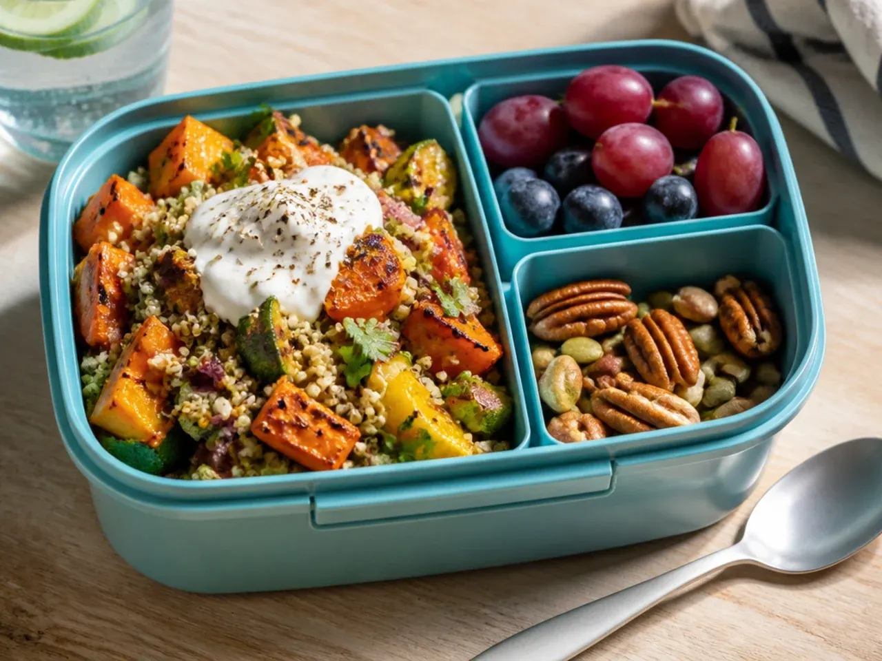 Roasted vegetable and quinoa bowl with crumbled feta in a glass meal prep container