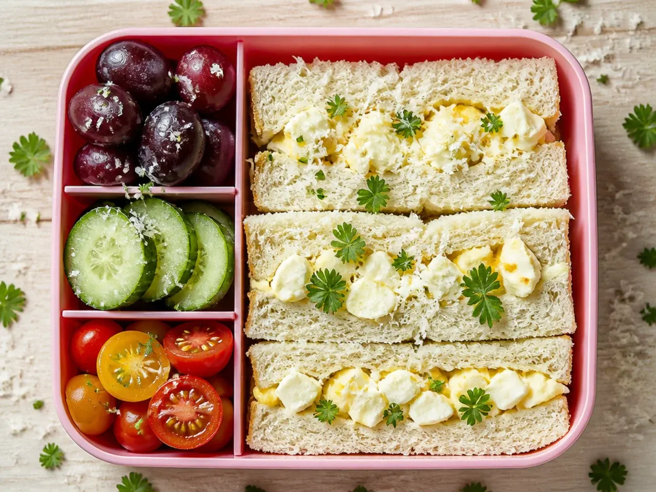 Egg mayonnaise sandwich squares stacked in a lunch box