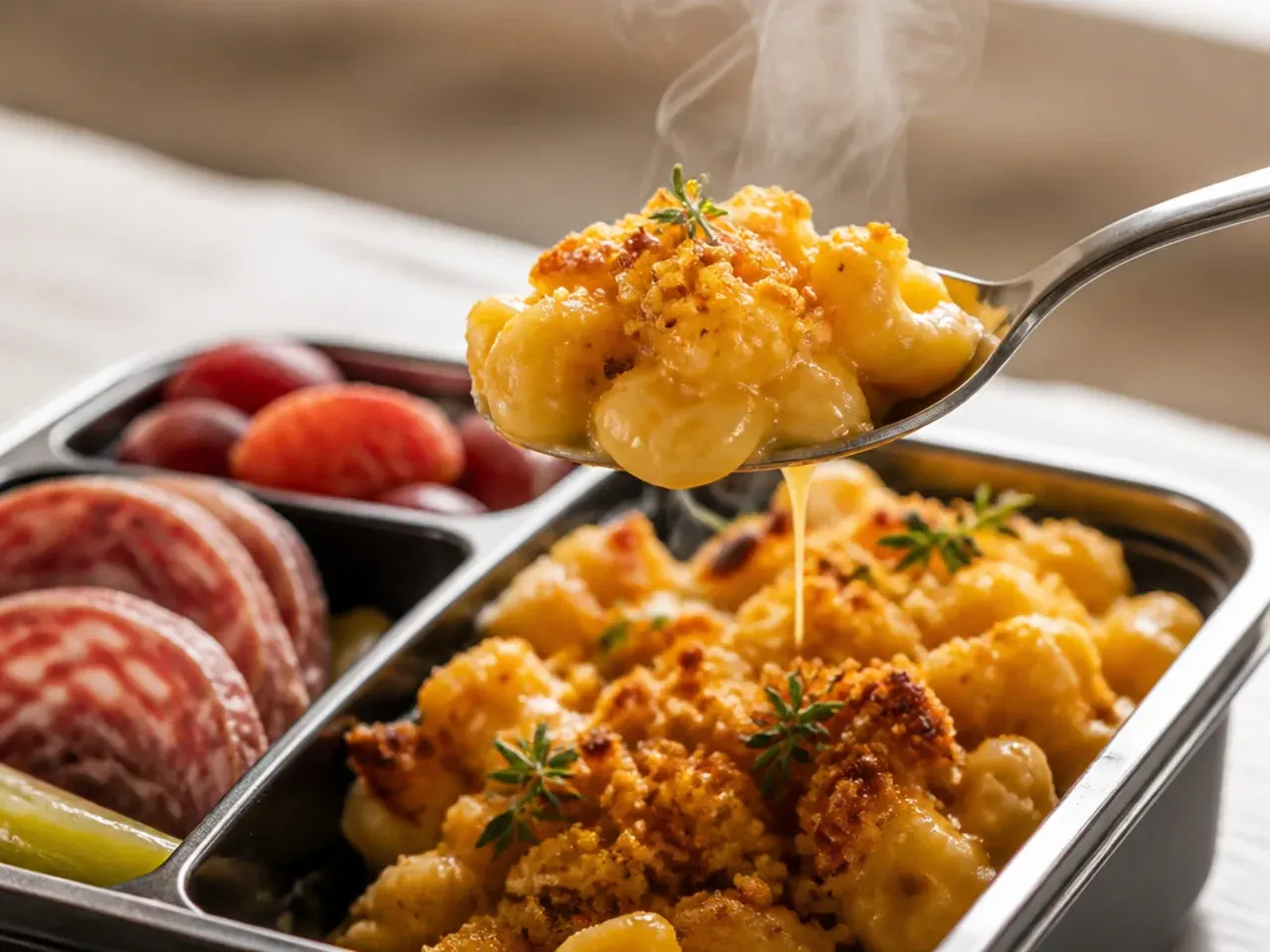 Rustic bento box with salami, cheese cubes, crackers and grapes in separate compartments