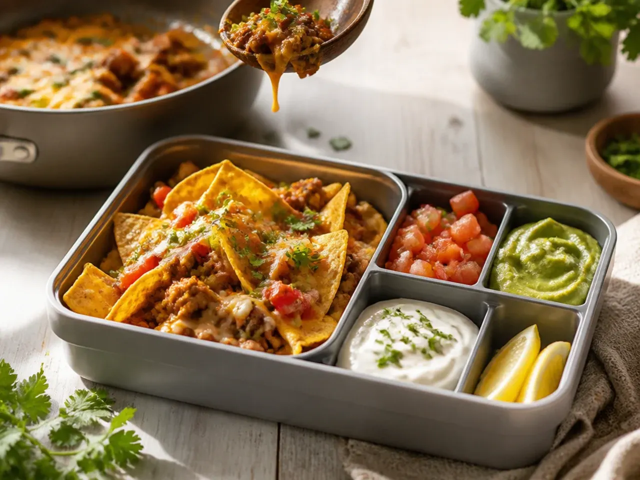 Loaded nacho lunch box with warm taco beef, tortilla chips and cheese in separate sections
