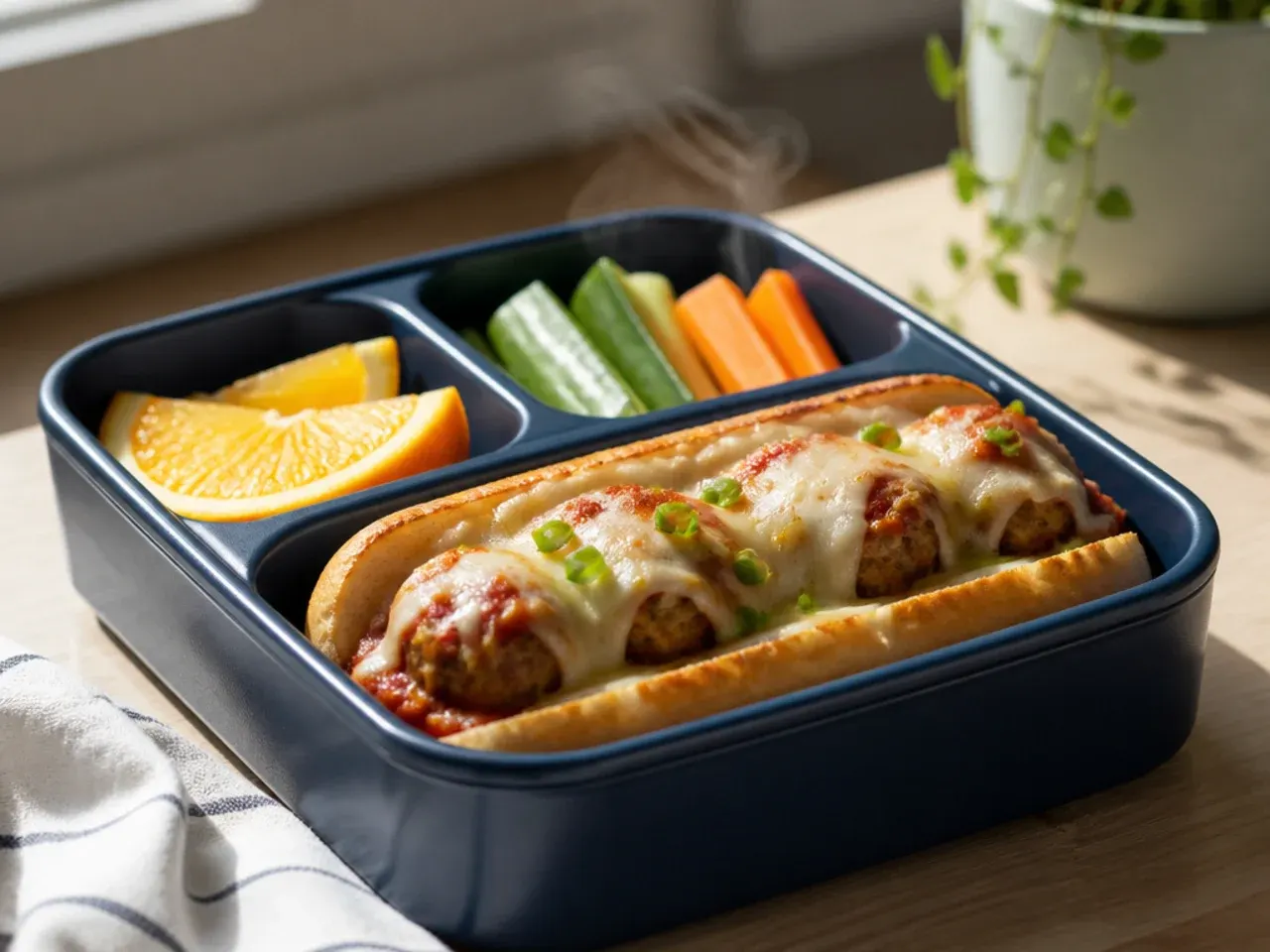 Meatball sub roll wrapped in foil with melted mozzarella visible